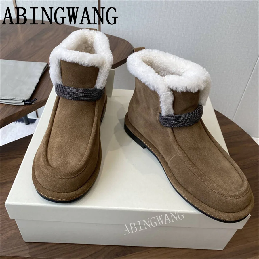 High Quality Winter Suede Leather Inside Fur Flats Heels Ankle Boots Slip On Round Toe Casual Snow Boots Winter Warm Shoes
