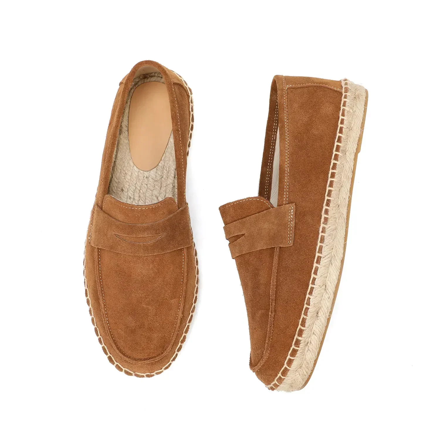 Men's Jute Espadrilles Slip on Loafers Cow Suede Leather Casual Shoes